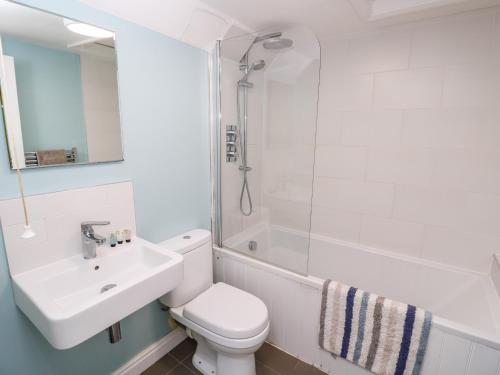 a bathroom with a toilet and a sink and a shower at 5 The Nab House in Bembridge