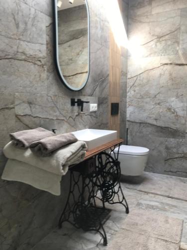 La salle de bains est pourvue d'un lavabo, d'un miroir et de toilettes. dans l'établissement Landlust - Landhaus mit Garten, à Bergholz