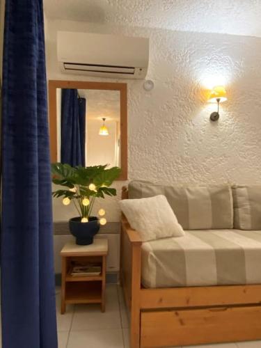 une chambre avec un lit et une plante en pot dans l'établissement St Raphaël piscine wifi, commerces et mer à pieds, à Saint-Raphaël