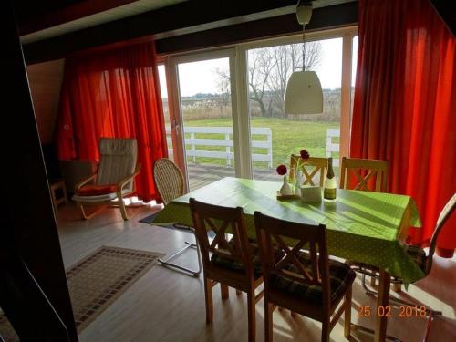 a dining room with a green table and chairs at Nurdachhaus PIRATENWEG 131 in Butjadingen