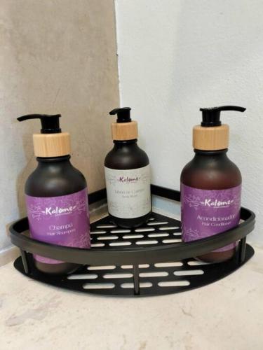 three bottles of soap sitting on a shelf at Casa Laak Fabulous rustic townhouse in Mérida