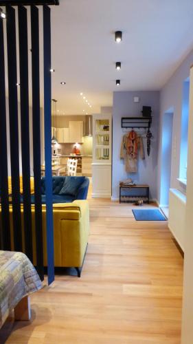 ein Wohnzimmer mit einem Bett und eine Küche in der Unterkunft City Studio Kormoran in Bremerhaven