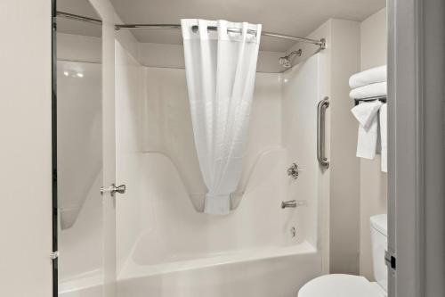 Quality Inn في داندريج: حمام أبيض مع دش ومرحاض