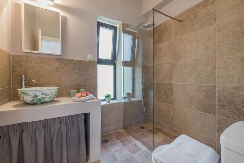 uma casa de banho com um lavatório e um chuveiro em Astarte Villas - Petra Elia Private Villa with Pool em Plános