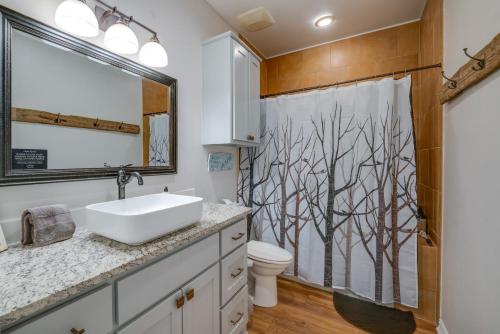 ein Bad mit einem Waschbecken und einem Duschvorhang in der Unterkunft Pottsboro Vacation Rental - Walk to Lake Texoma! in Pottsboro