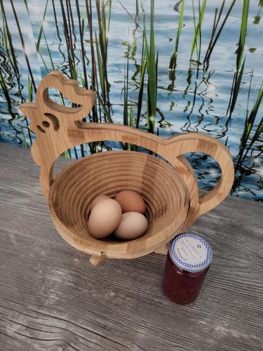 a wooden birdbath with eggs in it next to the water at Ferienwohnung Am Wasserturm mit kleinem Bauernhof in Baruth