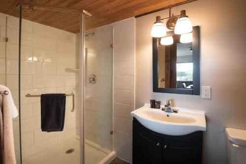 uma casa de banho com um lavatório e um chuveiro em Page's Resort & Marina em Gabriola