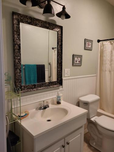 ein Badezimmer mit einem Waschbecken, einem Spiegel und einem WC in der Unterkunft Old Biloxi Rest, Relax and Enjoy the Beach in Biloxi