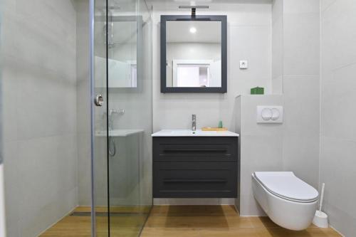 a bathroom with a sink and a toilet and a mirror at Boutique Hotel IVY'Z in Novalja