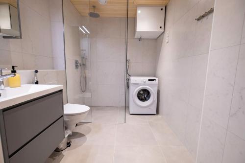 y baño con lavadora y aseo. en A new apartment in Helsinki en Helsinki