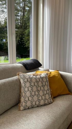 a couch with a pillow on it with a window at LES GITES DE LA KARLSMUHLE in Haguenau