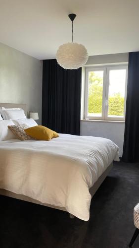 a bedroom with a large white bed and a window at LES GITES DE LA KARLSMUHLE in Haguenau