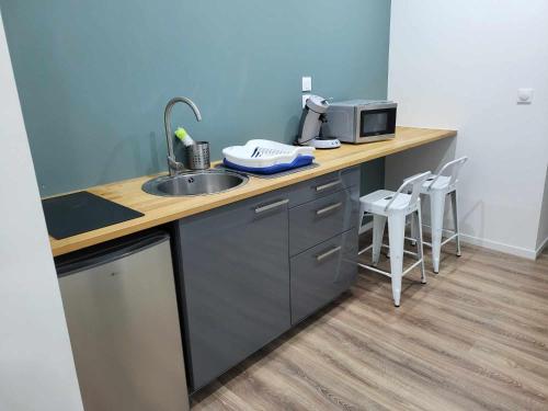 a kitchen counter with a sink and a microwave at Place du Canada 2 in Valenciennes