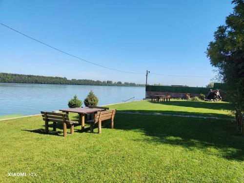 a picnic table and benches next to a lake at Vila Maza in Smederevo