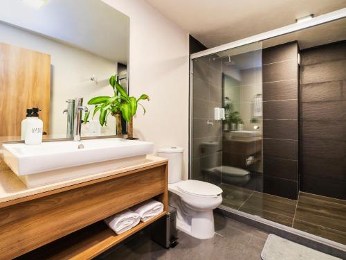 a bathroom with a sink and a toilet and a shower at Edificio Piso 56 in Mexico City