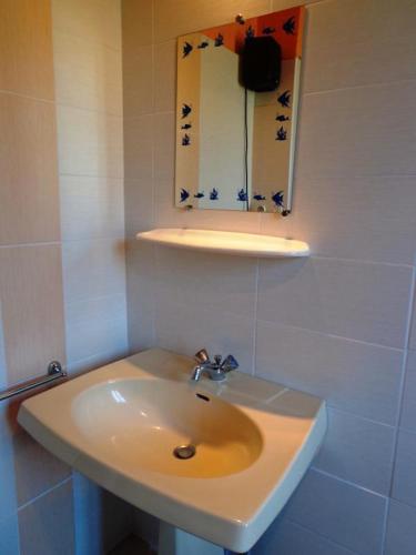 a bathroom with a sink and a mirror at Au bénédit ii in Vielle-Saint-Girons