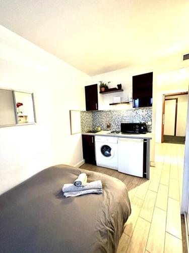 a hotel room with a bed and a kitchen at Charmant studio Beaugrenelle in Paris