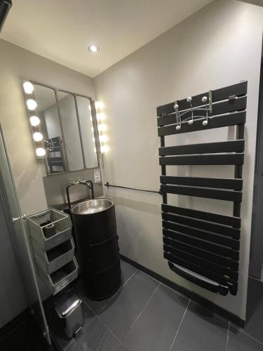 a bathroom with a sink and a trash can at Le Repos du Vignoble in Ribeauvillé