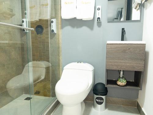 a bathroom with a toilet and a shower at Hotel velero in Roldanillo