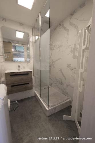 une salle de bain avec une douche, un lavabo et un miroir dans l'établissement NID DOUILLET DE FLAINE, à Flaine