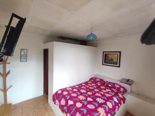 a bedroom with a bed with a purple comforter at Hotel Maeo in Montañita