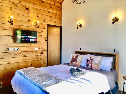 a bedroom with a bed with a wooden wall at The Mountain Stable Studio in Rangataua