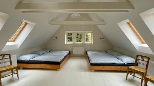 2 Betten in einem Dachzimmer mit Oberlichtern in der Unterkunft Izerína Cottage in Horní Maxov