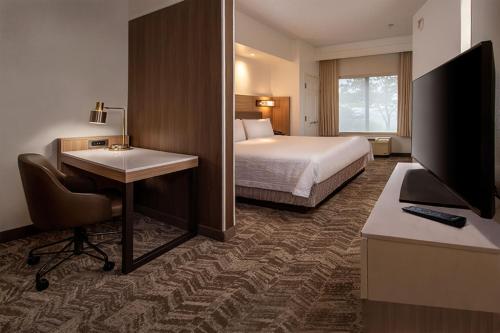 a hotel room with a bed and a desk and a television at SpringHill Suites Hagerstown in Hagerstown