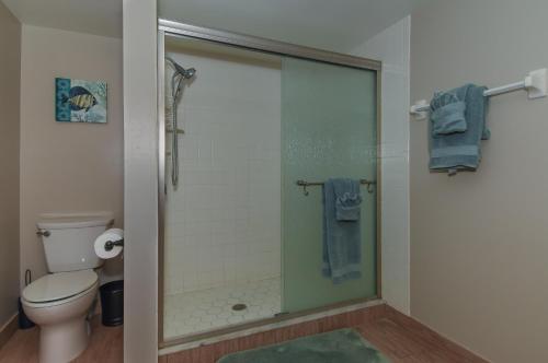 a bathroom with a glass shower with a toilet at Floor-to-Ceiling Oceanfront Views ~ Chadham-by-the-Sea 315 in New Smyrna Beach