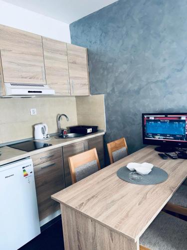 a kitchen with a wooden table with chairs and a refrigerator at Apartman Masa Kopaonik in Kopaonik