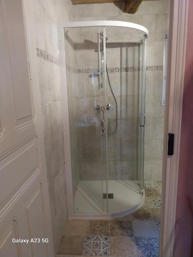 une douche avec une porte vitrée dans une salle de bain dans l'établissement Le Petit Chapître, à Belvès