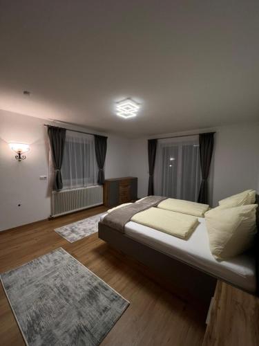 a bedroom with a large bed and two windows at Ferienwohnung Bischofshofen in Bischofshofen