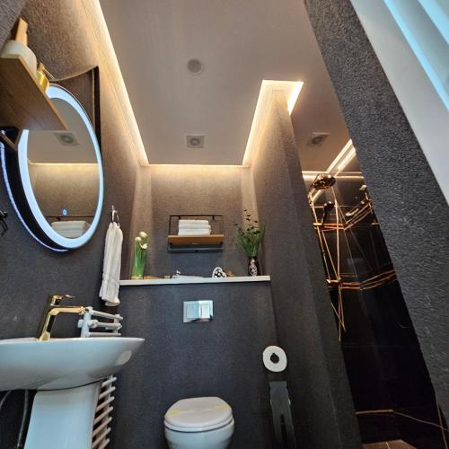 ein Badezimmer mit einem Waschbecken, einem WC und einem Spiegel in der Unterkunft Apartament M2 Vatra Dornei in Vatra Dornei