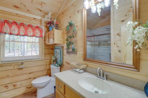 uma casa de banho com um WC, um lavatório e um espelho. em Tumbling Shoals Cabin with Fire Pit 1 Mi to Lake em Heber Springs
