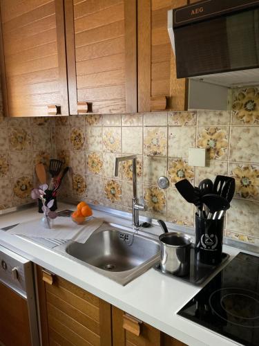 a kitchen with a sink and a counter top at Villa Feodora in Biograd na Moru