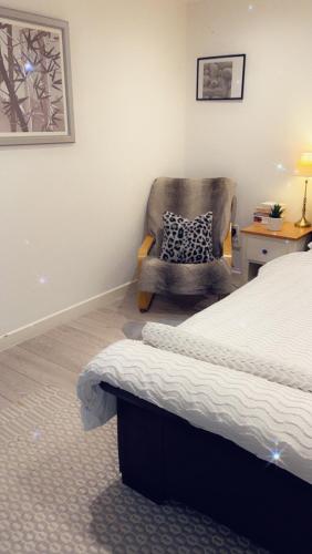 a bedroom with a chair and a bed and a chair at Stay in Woking with Chidi in Horsell