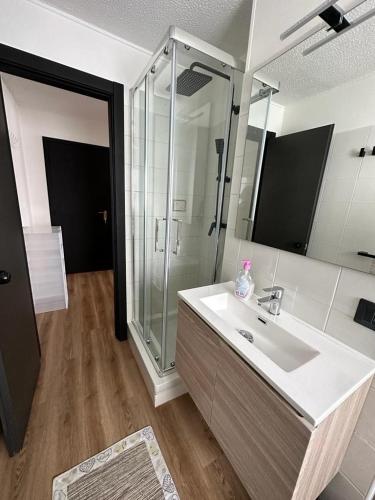 a bathroom with a sink and a shower at Penelope Home by Casa e Lode in Passo del Tonale