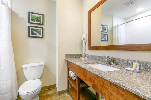 La salle de bains est pourvue de toilettes et d'un lavabo avec miroir. dans l'établissement Comfort Inn and Suites Van Buren - Fort Smith, à Van Buren