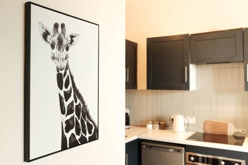 una foto de una jirafa en una cocina en Antrim Road Apartments Belfast, en Belfast