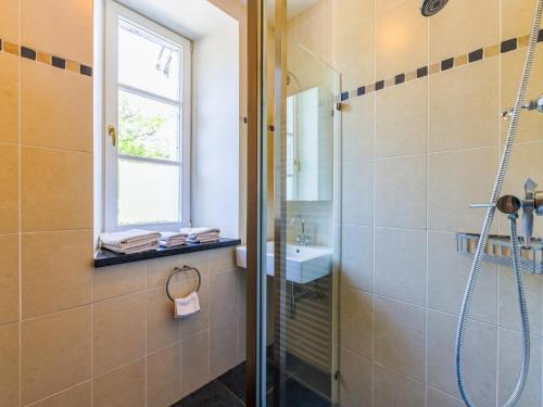 a bathroom with a shower and a sink at Numéro Cinq in Aywaille