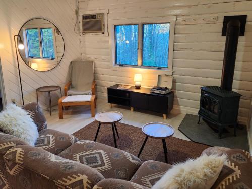 a living room with a couch and a wood stove at Belleayre Lodge in Pine Hill
