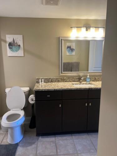 a bathroom with a toilet and a sink and a mirror at Camden Grandview! Spacious 2 Bed, 2 Bath Uptown Gem in the Heart of the City-Parking-Wi-Fi in Charlotte