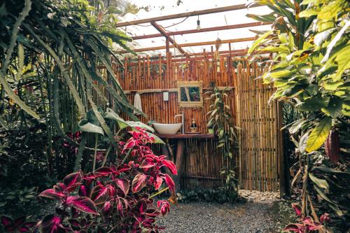 ogród z drewnianym płotem i roślinami w obiekcie Jardin del sol Ecoglamping w mieście San José de Suaita