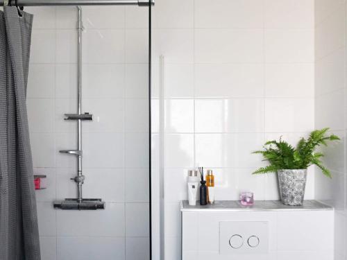 ein Bad mit einer Dusche mit einer Pflanze auf der Theke in der Unterkunft Holiday home ENSKEDE in Stockholm