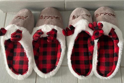 three pairs of feet in red and black plaid slippers at Blue light ultracentral in Craiova