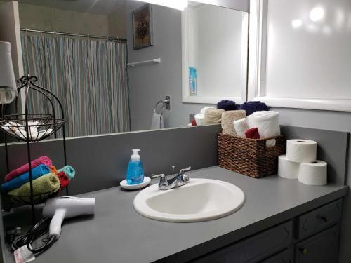 a bathroom counter with a sink and a mirror at Midtown Southern Charm in Tyler