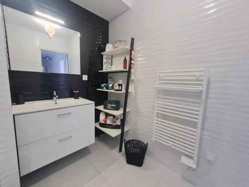 ein weißes Badezimmer mit einem Waschbecken und einem Spiegel in der Unterkunft Gîte Nancy, 4 pièces, 6 personnes - FR-1-584-300 in Nancy