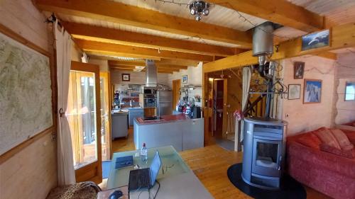 Ski Chalet - Chez Helene Ski fb في Montagny: مطبخ وغرفة معيشة مع موقد في الغرفة