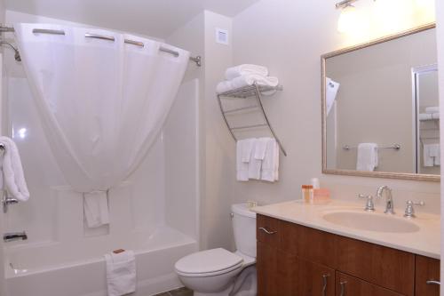 a bathroom with a sink and a toilet and a mirror at Aspen Suites Hotel Haines in Haines
