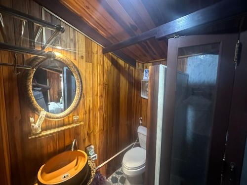 La salle de bains est pourvue de toilettes et d'un miroir. dans l'établissement XiengThong KhounPhet GuestHouse, à Luang Prabang